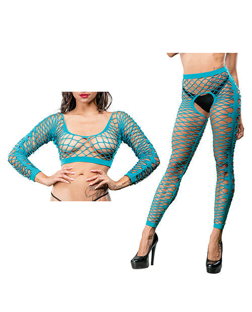 Beverly Hills Naughty Girl Crotchless Front Mesh & Side Design Leggings Turquoise O/S