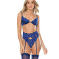 Scallop Stretch Lace, Satin, & Mesh Bra, Garterbelt & Thong Navy XL