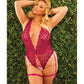 Scallop Stretch Lace Crotchless Teddy w/Lace Up Front Raspberry OS/XL