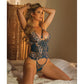 Metallic Scallop Stretch Lace & Sheer Mesh Teddy w/Removable Backless Panty Teal/Rose Gold LG