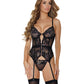 Metallic Stretch Lace Garter Belt Bustier w/Lace Up Closure & Thong Black/Rose Gold Large