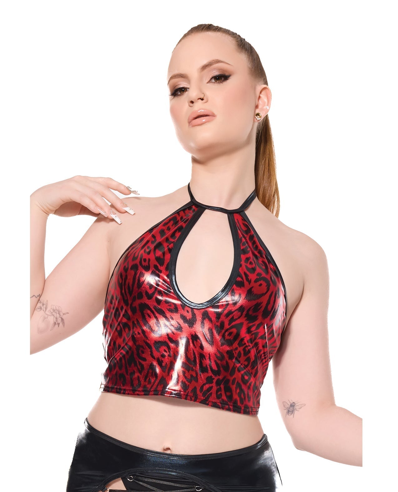 Darque Metallic Wet Look Keyhole Halter Top - Red/Black MD