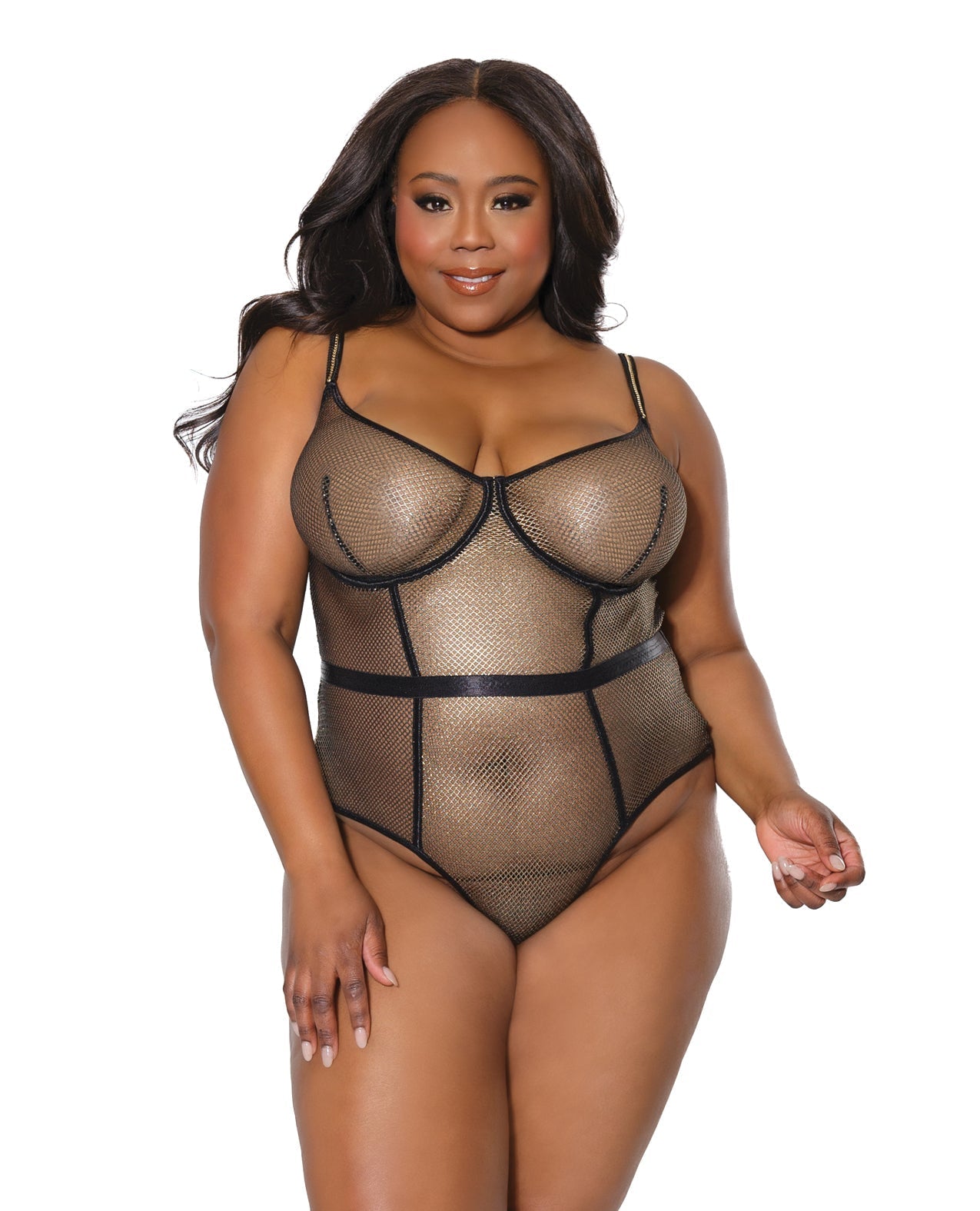 Holiday Metallic Fishnet Teddy w/Underwire Cups Black/Gold 1X/2X