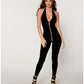 Opaque Knitted Halter Bodystocking w/Plunging Neckline - Black O/S