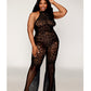 Seamless Crochet Lace Bodystocking w/Fishnet Bellbottoms - Black QN