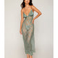 Eyelash Lace & Satin Long Chemise w/G-String - Sage Green LG