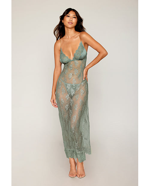 Eyelash Lace & Satin Long Chemise w/G-String - Sage Green SM