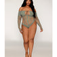 Long Sleeve Opaque and Fishnet Seamless Teddy w/Removable Halter Chain - Sage Green QN