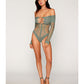 Long Sleeve Opaque and Fishnet Seamless Teddy w/Removable Halter Chain - Sage Green O/S