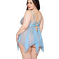 Floral Embroidered Lace and Stretch Mesh Babydoll w/G-String 2 pc Set - Arctic Blue 1X