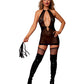 Stretch Mesh and Faux Leather Gartered Chemise w/Removable Flogger - Black O/S