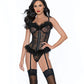 Marabou and Lace Boudoir Bustier w/G-String & Garters - Black LG