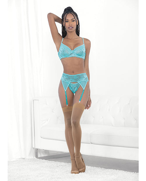 Lace & Mesh Underwire Bra, Garterbelt & G-String Malibu Blue XL