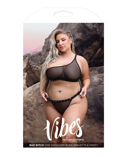 Vibes Bad Bitch One Shoulder Bling Bralette & Panty Black QN