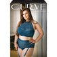 Curve Shay lace halter Bra Top & High Waist Crotchless Panty w/Removable Garters Teal 3X/4X