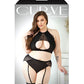 Curve Sadie Lace Overlay Keyhole Halter Top & Gartered Panty Black 1X/2X