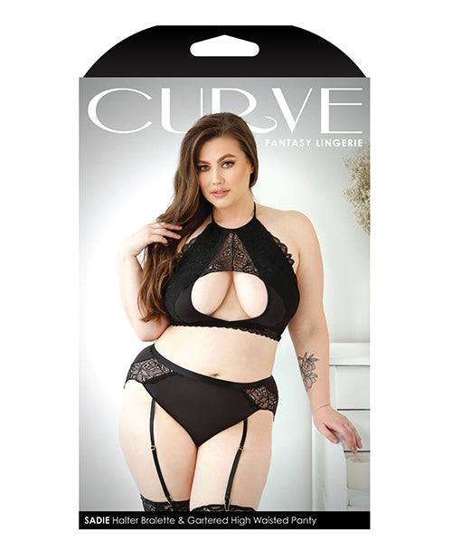 Curve Sadie Lace Overlay Keyhole Halter Top & Gartered Panty Black 1X/2X