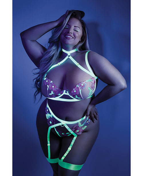 Glow Black Light Embroidered Harness Bra, Leg Garterbelt & G-String Neon Chartreuse QN