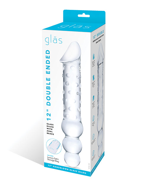 Glas 12" Big Dildo | Double Dildo | 2-Ended Glass Dildo with Anal Beads | Clear Giant Dildo