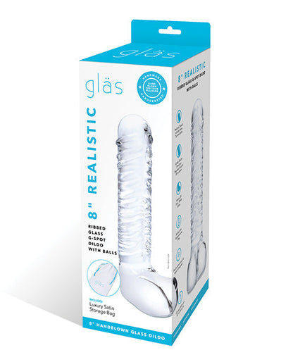 Glas 8" Big Dildo | Ribbed Realistic Dildo | G-Spot Glass Dildo with Balls | Clear Large Dildo