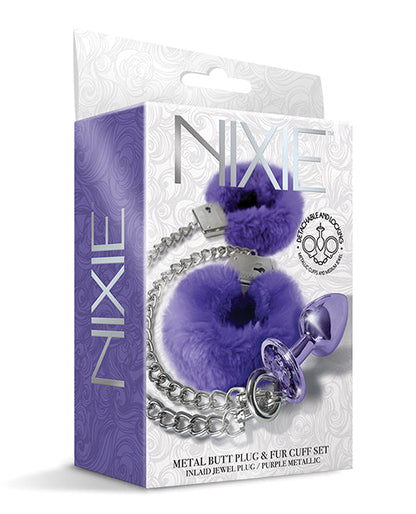 Nixie Metal Butt Plug w/Inlaid Jewel & Fur Cuff Set - Purple Metallic