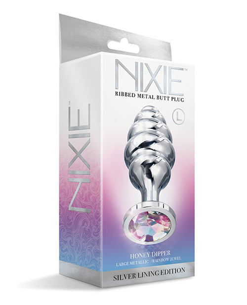 Nixie Honey Dipper Ribbed Metal Rainbow Jeweled Butt Plug - Large