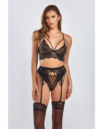 Everly Dot Mesh & Galloon Lace Strappy Bra, Garterbelt & Hipster Panty Black XL