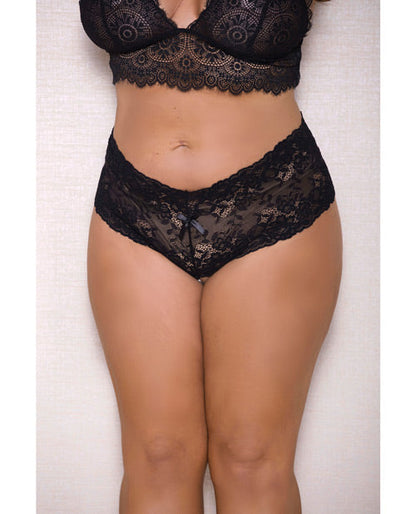 Lace & Pearl Boyshort w/Satin Bow Accents Black 1X/2X