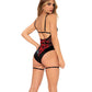 Underwire Teddy w/Attached Garter Straps & Hook & Eye Crotch Closure Black/Red L/XL