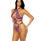 Camille Lace Halter Teddy with Lace Up Details - Purple L/XL