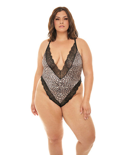 Jolene Satin Teddy w/Plunging Neckline Leopard/Black 1X/2X