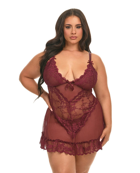 Valentine Lacey Babydoll w/G-String - Zinfandel 1X/2X