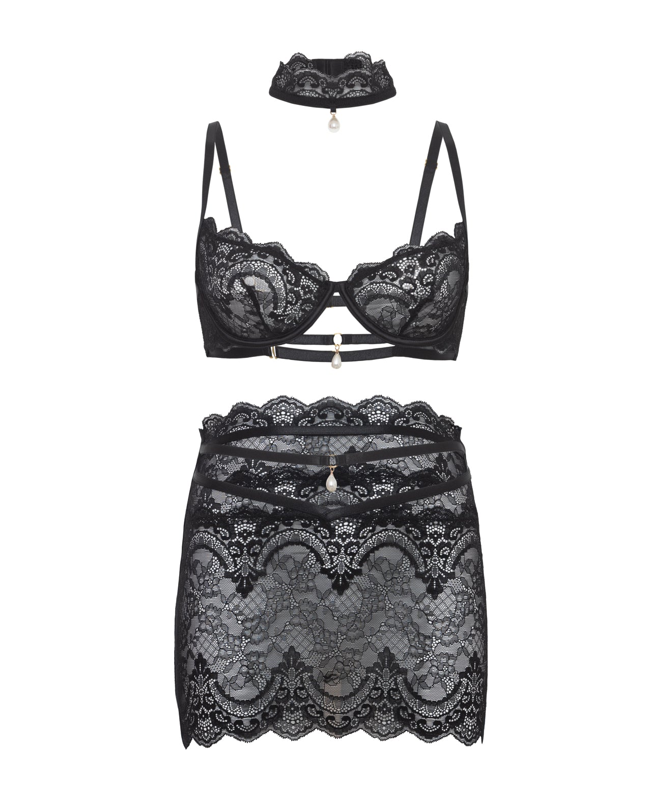 Perla Lace 3 pc Set w/Pearl Details - Black L/XL