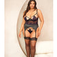 Demi Padded Shelf Cup Merrywidow w/Overlay Lace & Panty Black/Heliotrope 1X