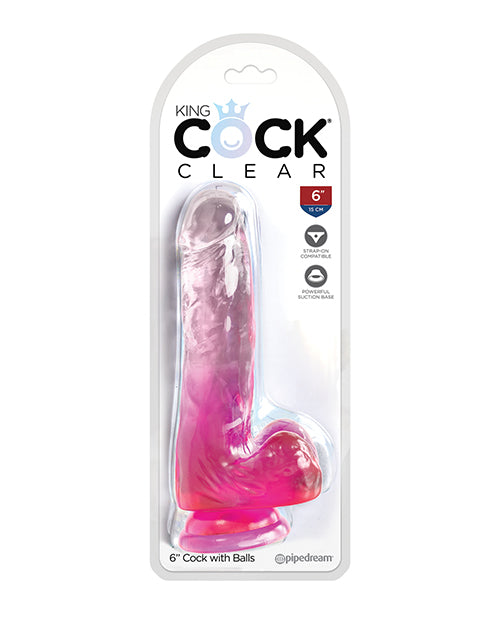 King Cock Large Dildo | Clear 6" Big Dildo with Balls | Pink Dildo | Suction Cup Dildo