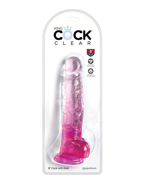 King Cock Large Dildo | Clear 8" Big Dildo with Balls | Pink Dildo | Suction Cup Dildo