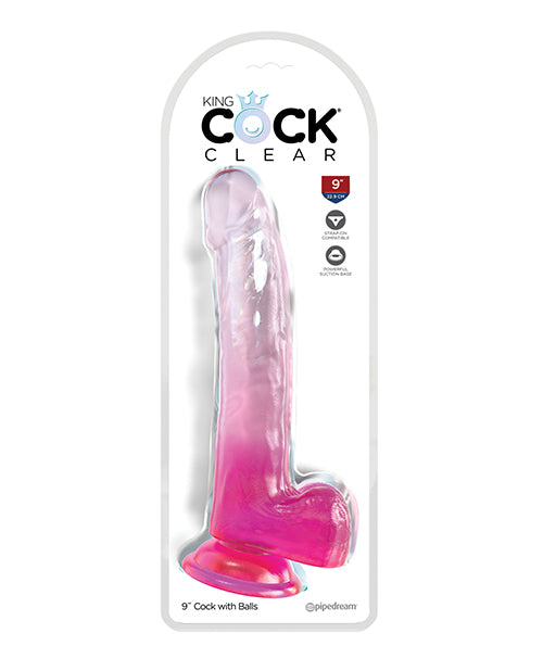 King Cock Large Dildo | Clear 9" Big Dildo with Balls | Pink Dildo | Suction Cup Dildo