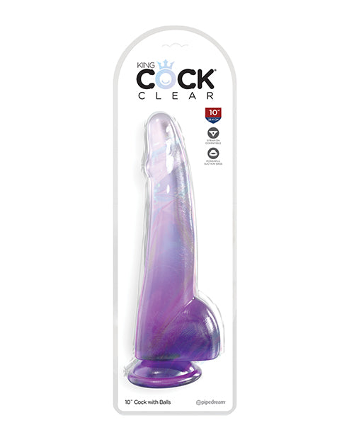 King Cock Large Dildo | Clear 10" Dildo with Balls | Purple Dildo | Suction Cup Dildo