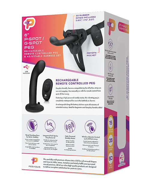 Pegasus 6" Rechargeable P-Spot G-Spot Peg w/Adjustable Harness & Remote Set - Black