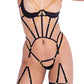 Caged Temptress Satin & Tulle Bustier w/Draped Chain Detail & Thong Black LG