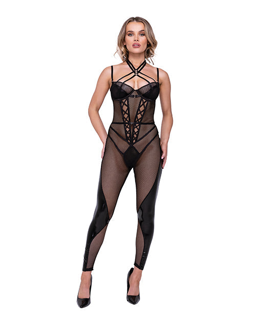 Flirty FETISH Fishnet & Faux Leather Catsuit w/Satin Trim Black MD