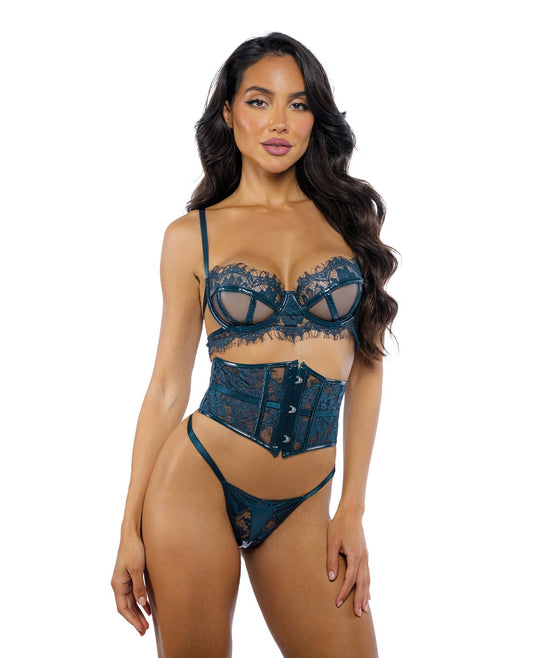 Eden Scalloped Eyelash Lace & Wet Look Waspie 3 pc Set - Teal SM