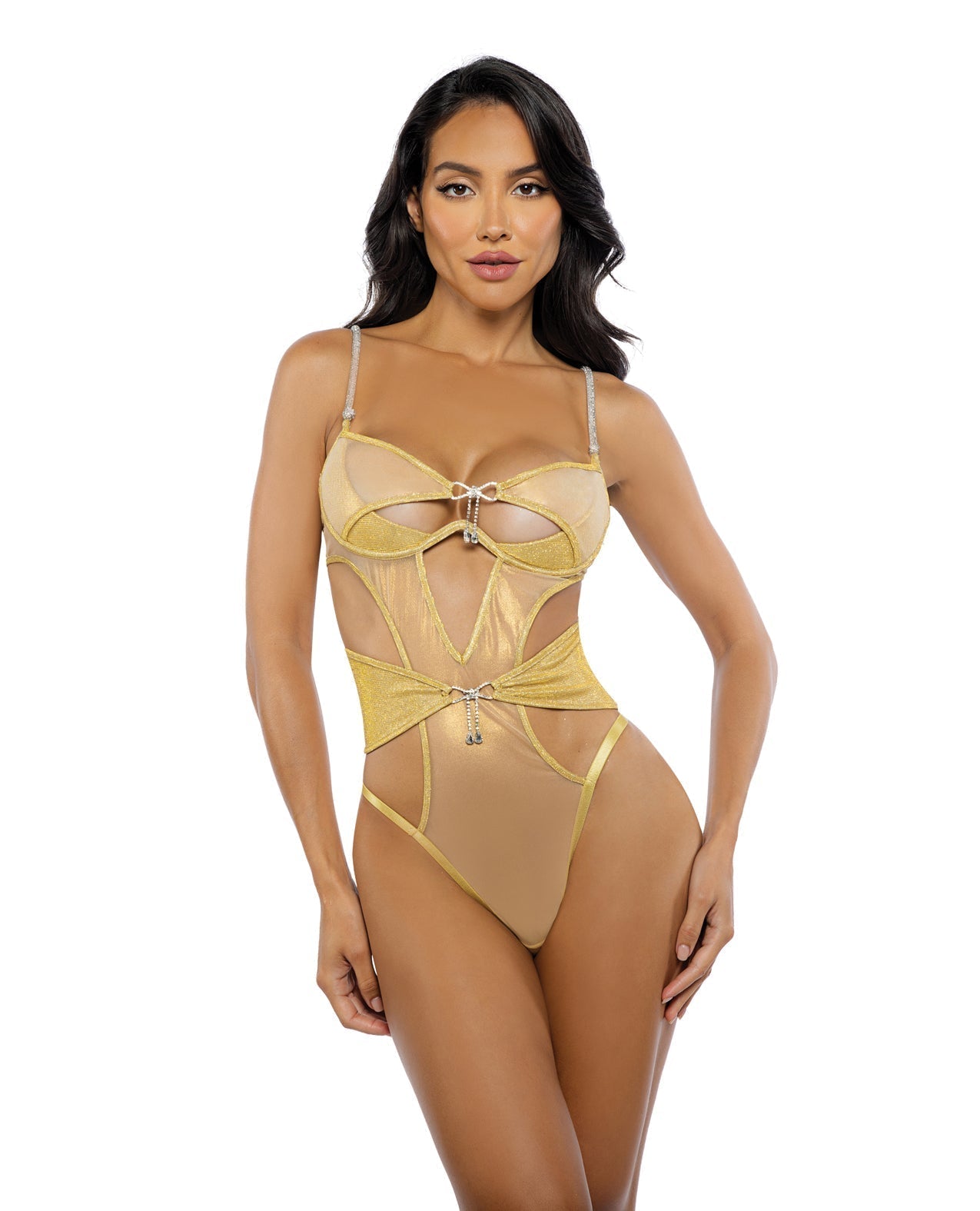 Gilded Beauty Metallic Shimmer Mesh Teddy w/Rhinestone Accents - Gold LG