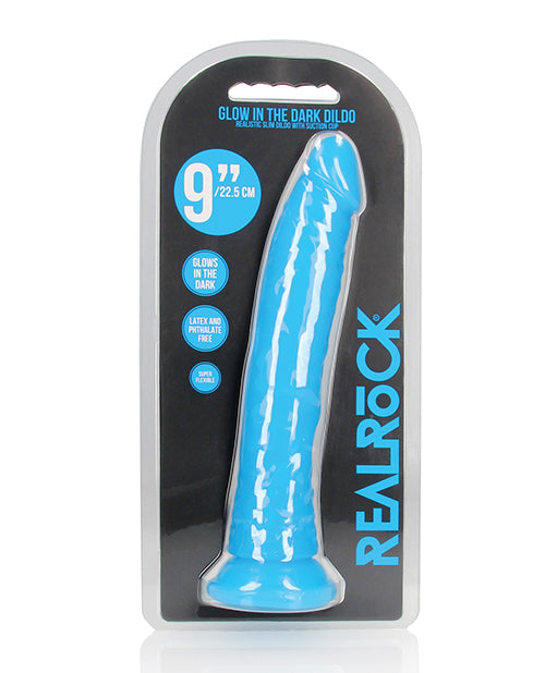 Shots RealRock 9" Big Dildo | Slim Neon Blue Anal Dildo | Glow in the Dark Suction Cup Dildo