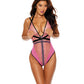 Mesh and Fishnet Zip Front Teddy - Black/Pink XXL