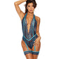 Lace Deep V Open Crotch Teddy w/Leg Bands - Navy/Aqua XXL