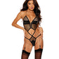 Fishnet and Faux Leather Teddy w/Chain Garters - Black LG