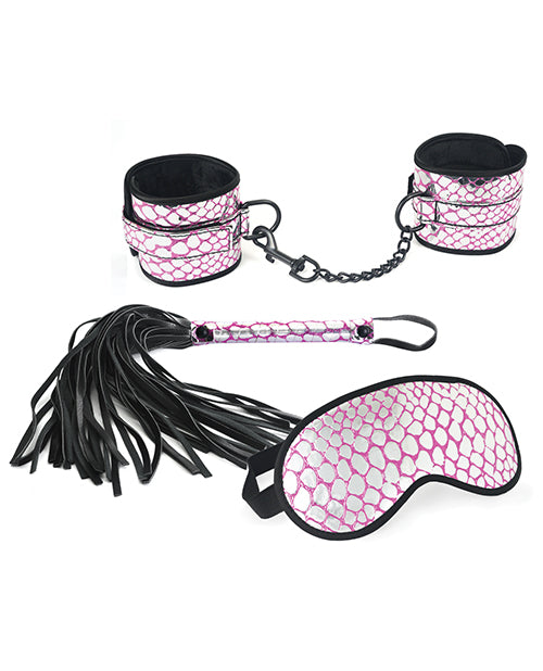 Spartacus Faux Leather Wrist Restraints Blindfold & Flogger Bondage Kit - Pink