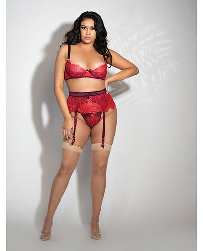 Eyelash Lace Underwire Bra, Garter Skirt & G-String Red 1X/2X