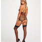 Floral Embroidered Lace Chemise w/Adjustable Garters & Thong Black/Red LG